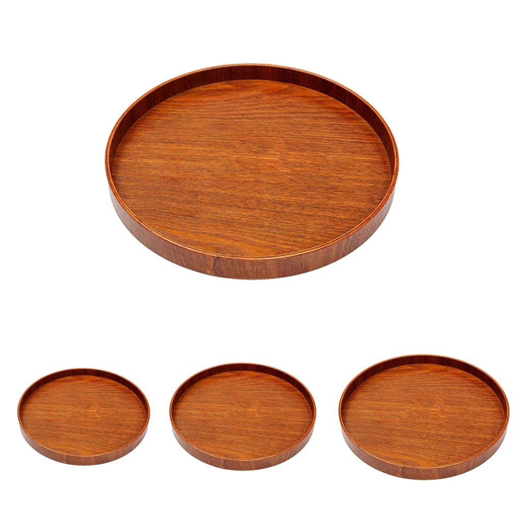 Round Wooden Plate Breakfast Food Snack Serving Trays Salad Bowl