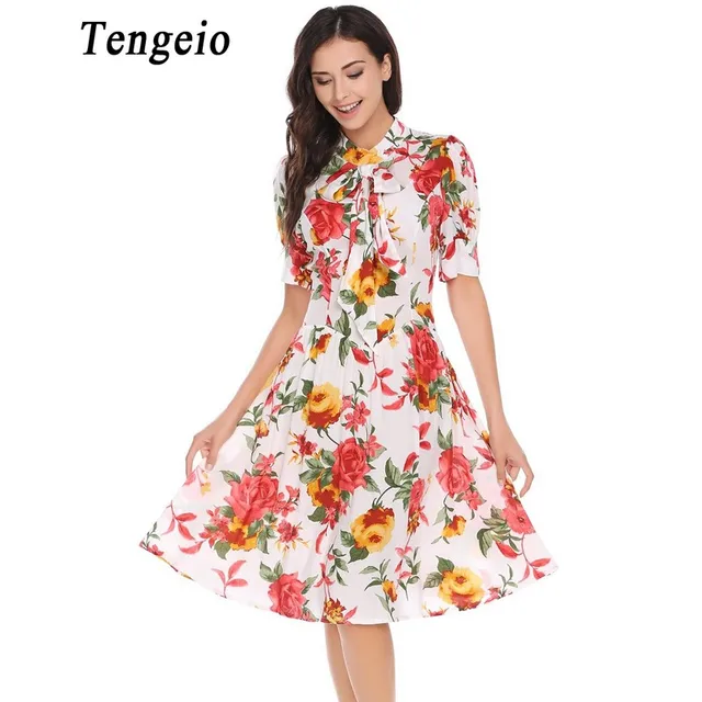 Tengeio Women Summer Boho Floral Rockabilly Dress Lantern Short Sleeve Retro Party Dresses White Vintage Vestidos