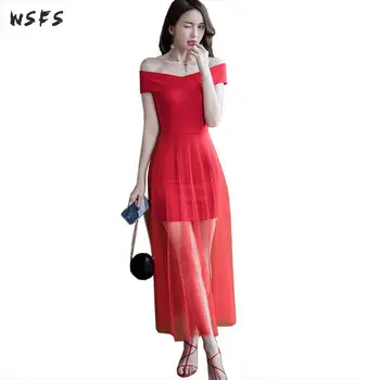 

Summer Dresses Red Slash Neck Off Shoulder Long Womens Dress 2019 Sexy Party Club Ladies Bodycon Bandage Mesh Aline Midi Dress