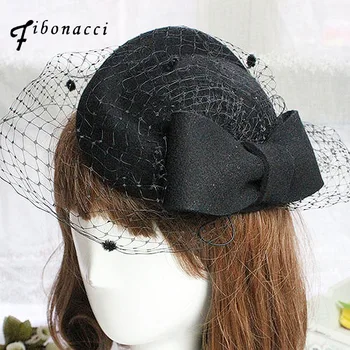 

Fashion Vintage Wool Felt Women Beret Bride Accessories Small Fedora Tiaras Dinner Party Cap Gauze Wedding Hats