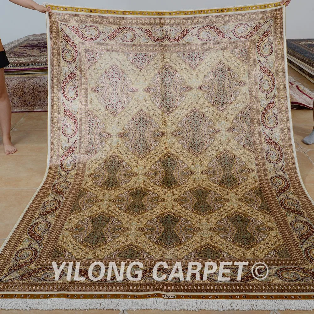 Yilong 5,5x" ковер ручной работы прямоугольник бежевый hand made чистого шелка, ковры(1110