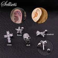 Sellsets 1 шт. лук цветок Череп Крест Cz Серьги Шпильки Спираль пирсинг раковины трагус серьги, Надеваемые На ушной хрящ серьги гвоздики ювелирные изделия