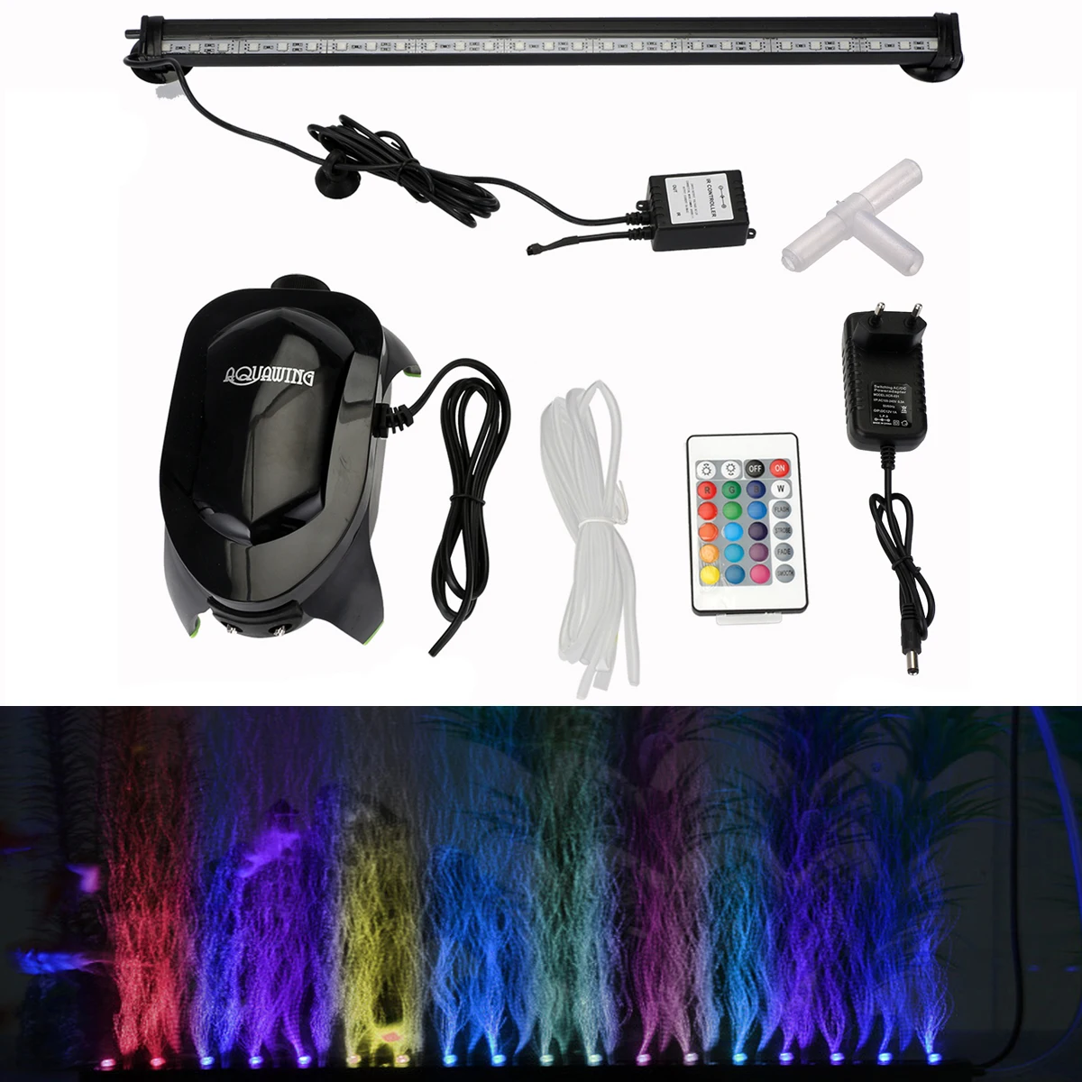 

EU Plug Underwater Aquarium Fish Tank Air Bubble Light 5050 RGB LED Submersible Lamp + Increase Oxygen Air Pump + IR Remote