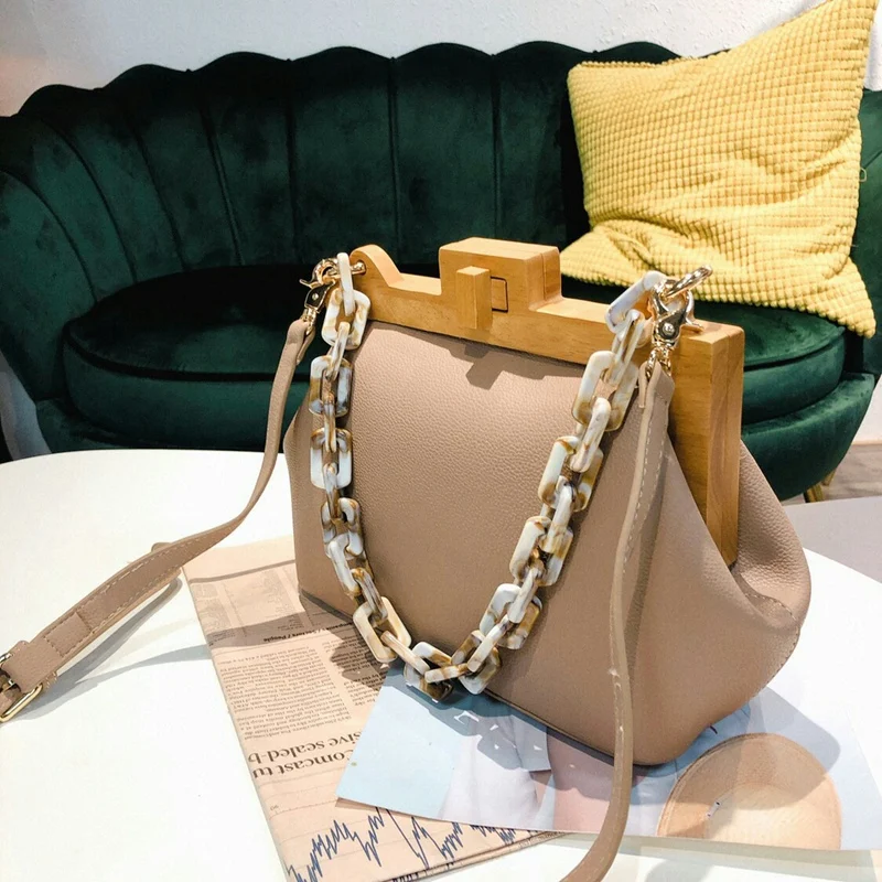 Women'S Box Bag Bucket Bag Wooden Clip Evening Bag Ins Acrylic Chain Luxury Handbag Banquet Party Purse Shoulder Bag