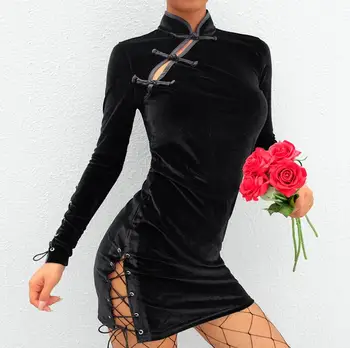 

Chinese wind velvet Eyelet lace up dress women