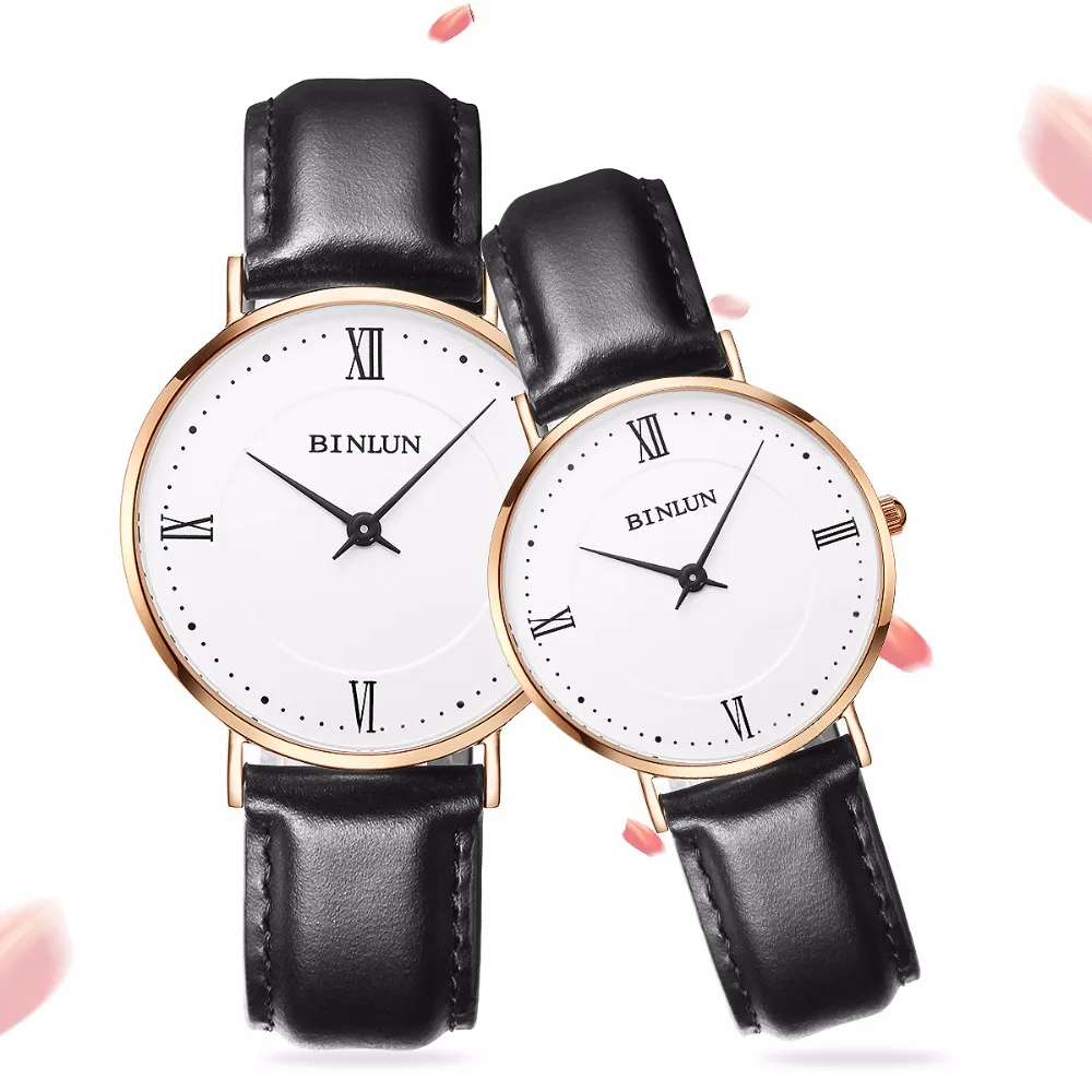 

BINLUN 2018 New Ultra Thin Simple Couples Quartz Watches Genuine Leather Strap Waterproof Unisex Quartz Watch Gifts For Lovers