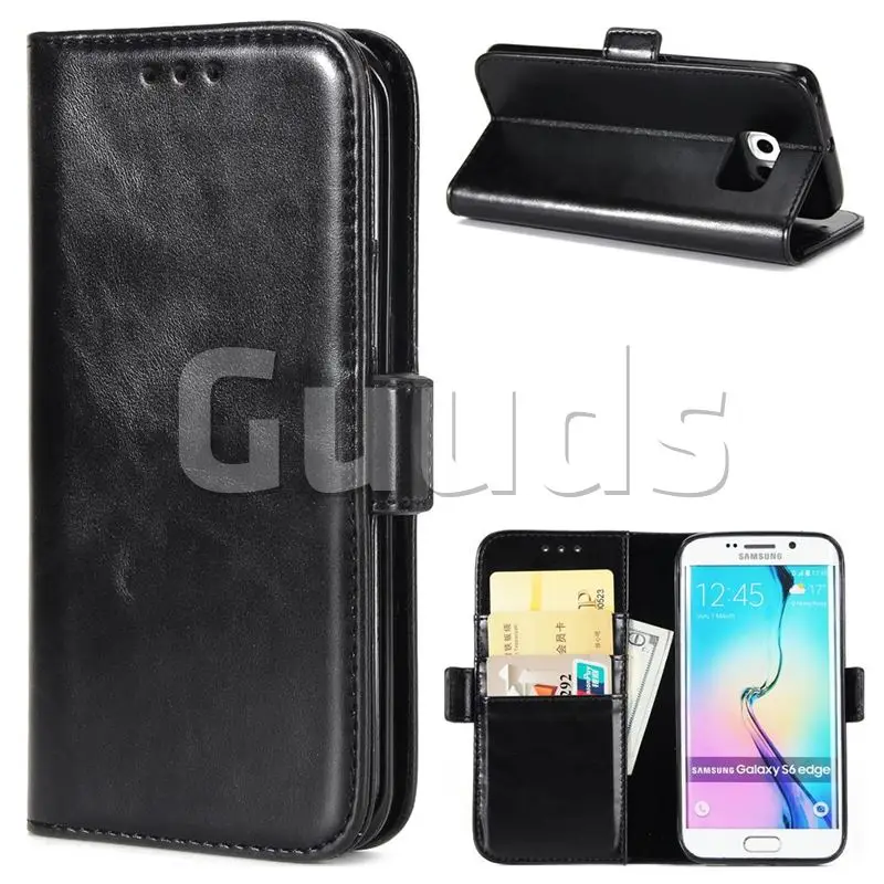 Luxury Crazy Horse PU Leather Wallet Case for Samsung Galaxy S6 Edge G925 - Black