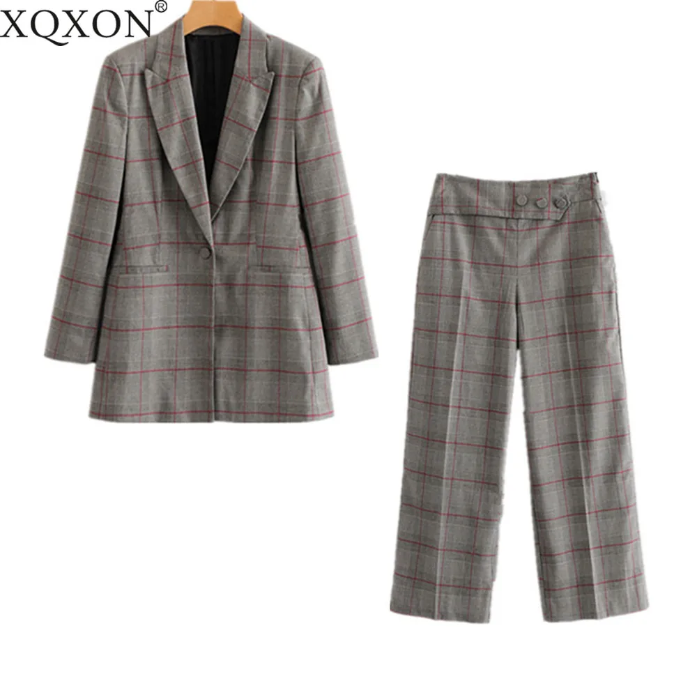 

XQXON Set female 2019 autumn new casual plaid blazers jacket + high waist trousers Wide Leg Pants two-piece women's pant suits