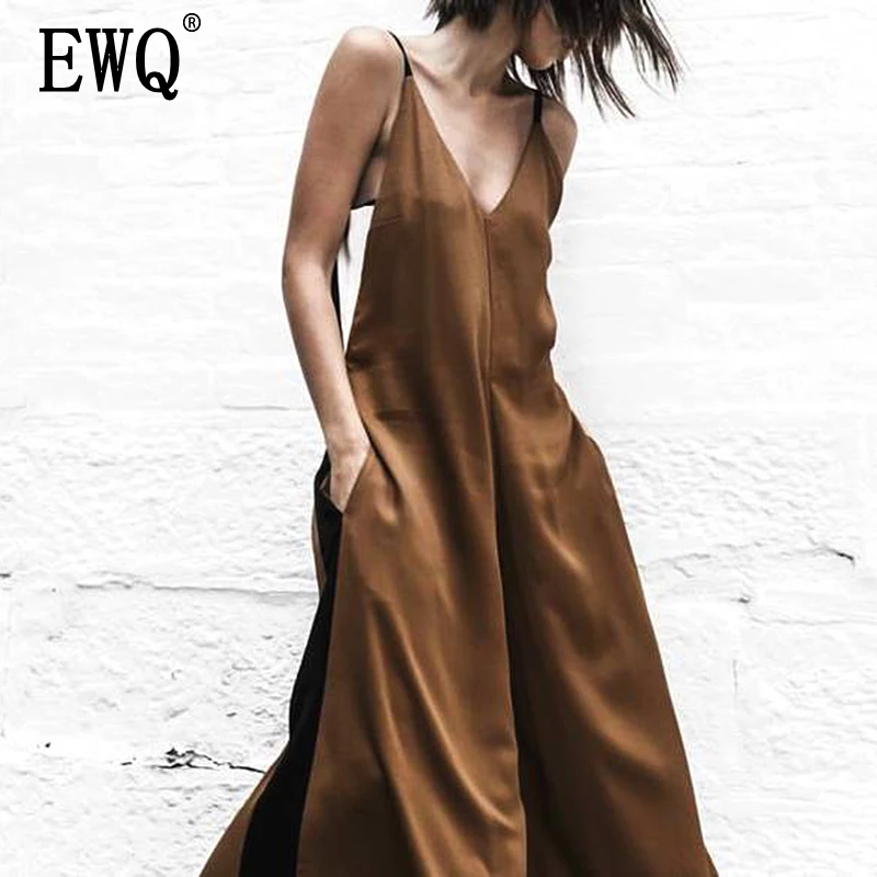 

[EWQ] Eroupean Spring Fashion 2019 V-neck Strapless Contrast Color Sexy Women Wide Legs High Streest Female Clothes WB180