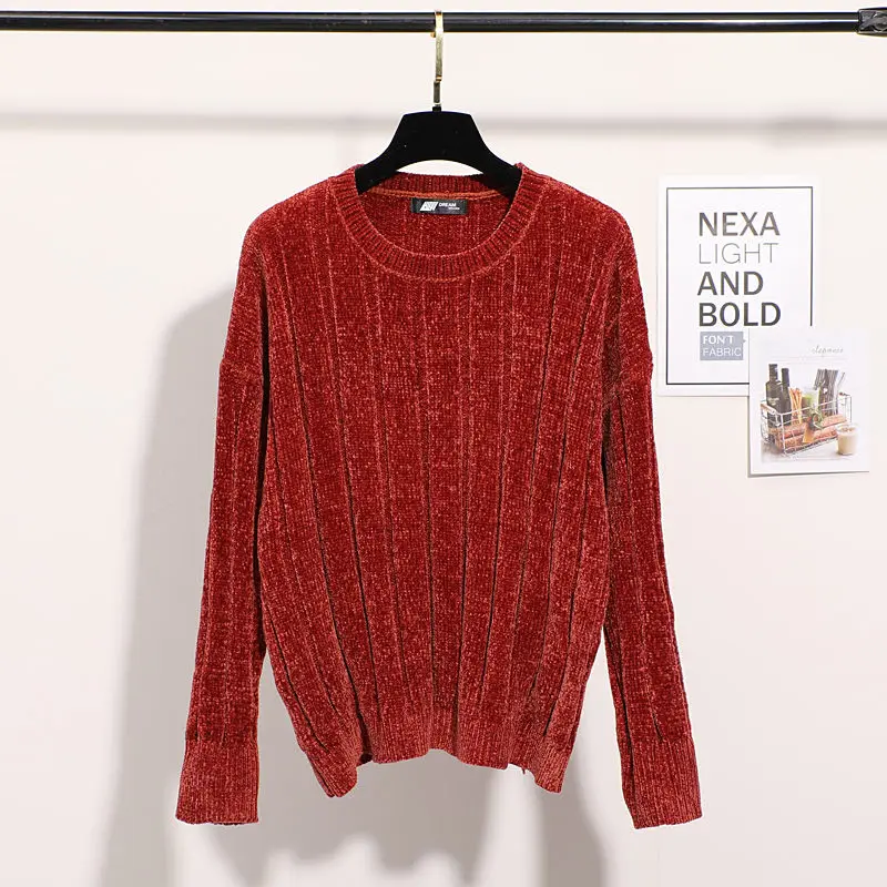 Women Sweaters Chenille Retro Velvet Loose Long Sleeve Elastic Knitted Lady Pullovers Female Winter Short Sweaters Mujer Femme