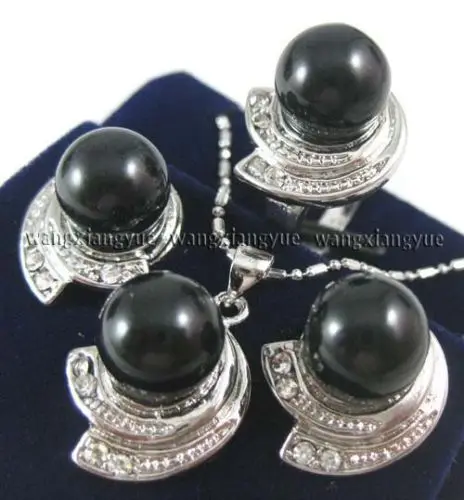 

shipping 10mm Black Rich Agate Earrings Ring & Necklace Pendant Set AAA