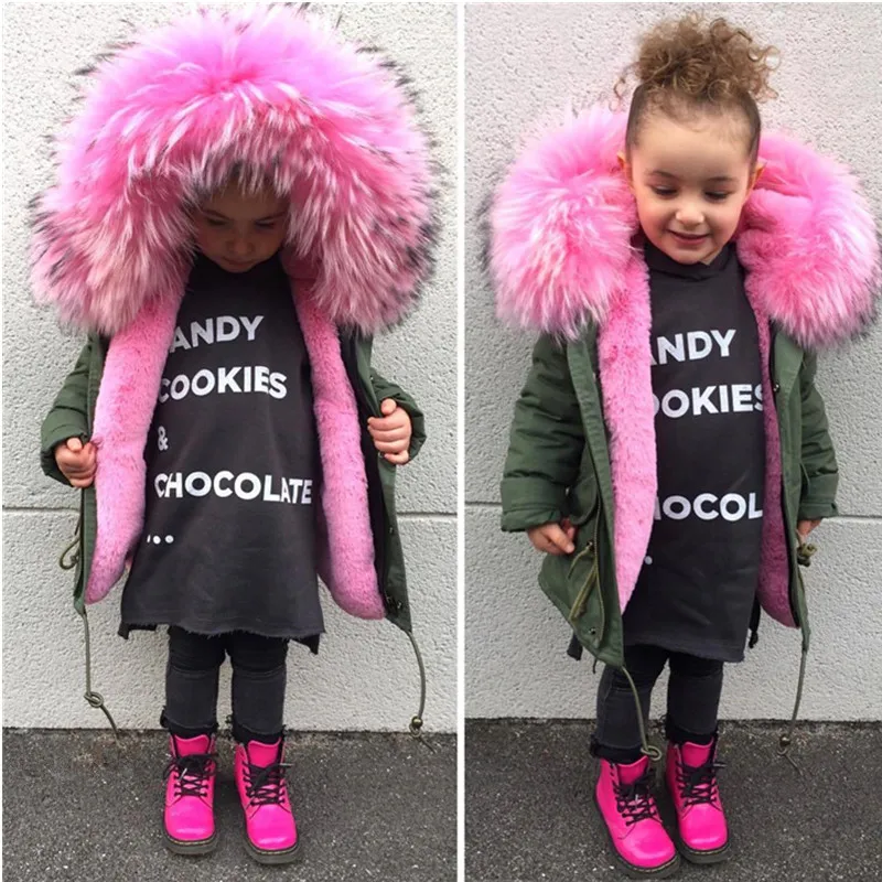 

Kids Girl Winter Coat with Large Fur Collar Hooded Pink Children Thicken Parkas Jackets For Girls Kids Faux Fur Outwear Snowsuit