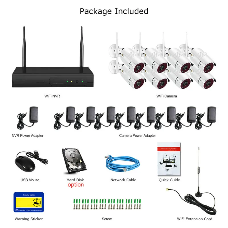 Wireless Camera CCTV P2P 4CH/8CH 1080P Wifi NVR System 36 IR Waterproof Outdoor Bullet 1080P Video IP Security System Hard Disk