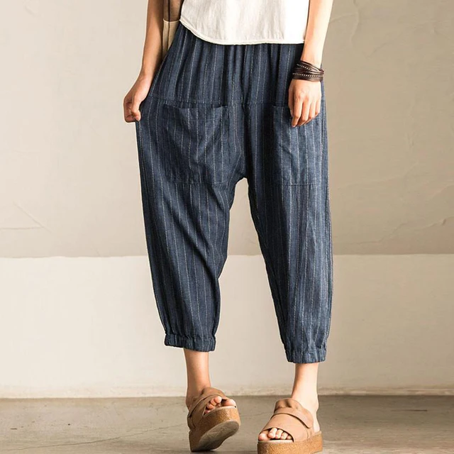 2018 SCHMICKER Women Casual Work Office High Elastic Waist Pockets Striped Baggy Harem Pants Turnip Trousers Wide Leg Pantalon