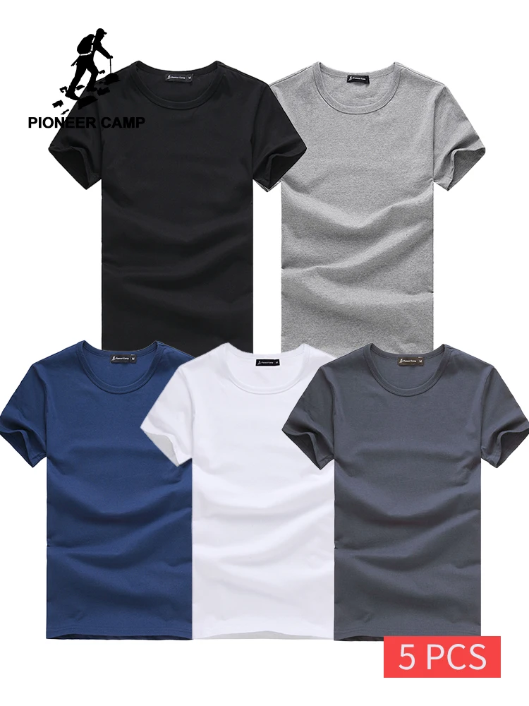 

Pioneer Camp 5pcs Simple tshirt Creative Design Line Solid 100% Cotton T Shirts Men's New Arrival Short Sleeve Men t-shirt 2019