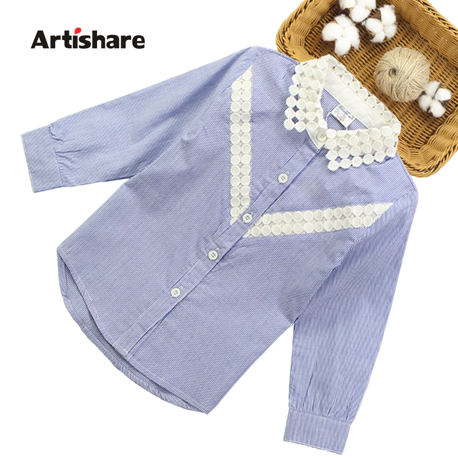 

Artishare Girls Blouse 100% Cotton Kids Tops Tee Long Sleeved Striped Shirt For Girls Teenage Lace Kids Girls Clothes 6 8 10 12