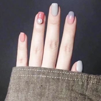 

24Pcs Elegant Red Blue Acrylic Fake Nails Short Square Full Cover Simulated Pearl French 3D False Nail Art Tips Press On Nail