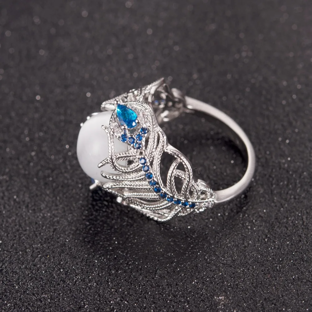 2018 Vintage Silver Hollow Natural Opal Cat Eye Rings Silver Feather Big Stone Rings for Women Fashion Jewelry