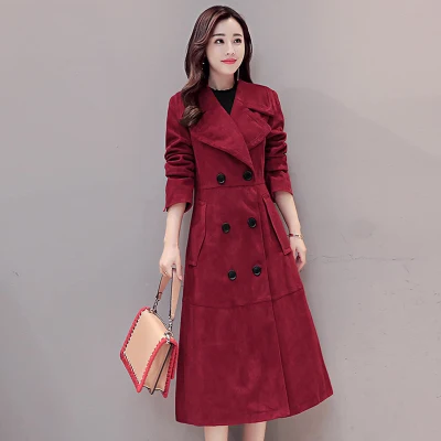 Длинный двубортный тренч для женщин корейская мода весна осень размера плюс тонкий оленья замша пальто для женщин Z12 - Цвет: Red wine