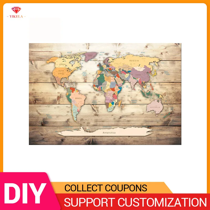 

YIKELA 5D Diamond Painting DIY Map World Stitch Full Round Embroidery Diamant Rhinestone Wall Home Decoration Display