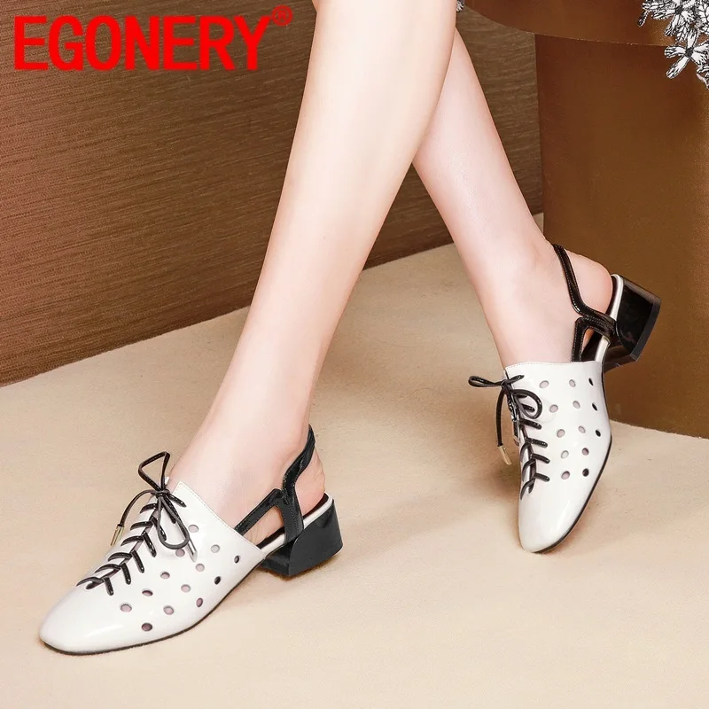 

EGONERY woman shoes 2019 spring new concise casual genuine leather woman pumps outside hollow cross-tied slip-on ladies shoes