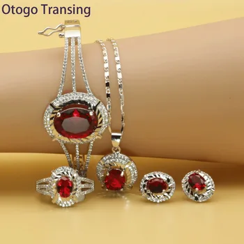 

Otogo Transing 2019 Party Silver Color Jewelry Set Women Fashion Charm Red Crystal Ring Earrings Necklace Bracelet Flower SET213