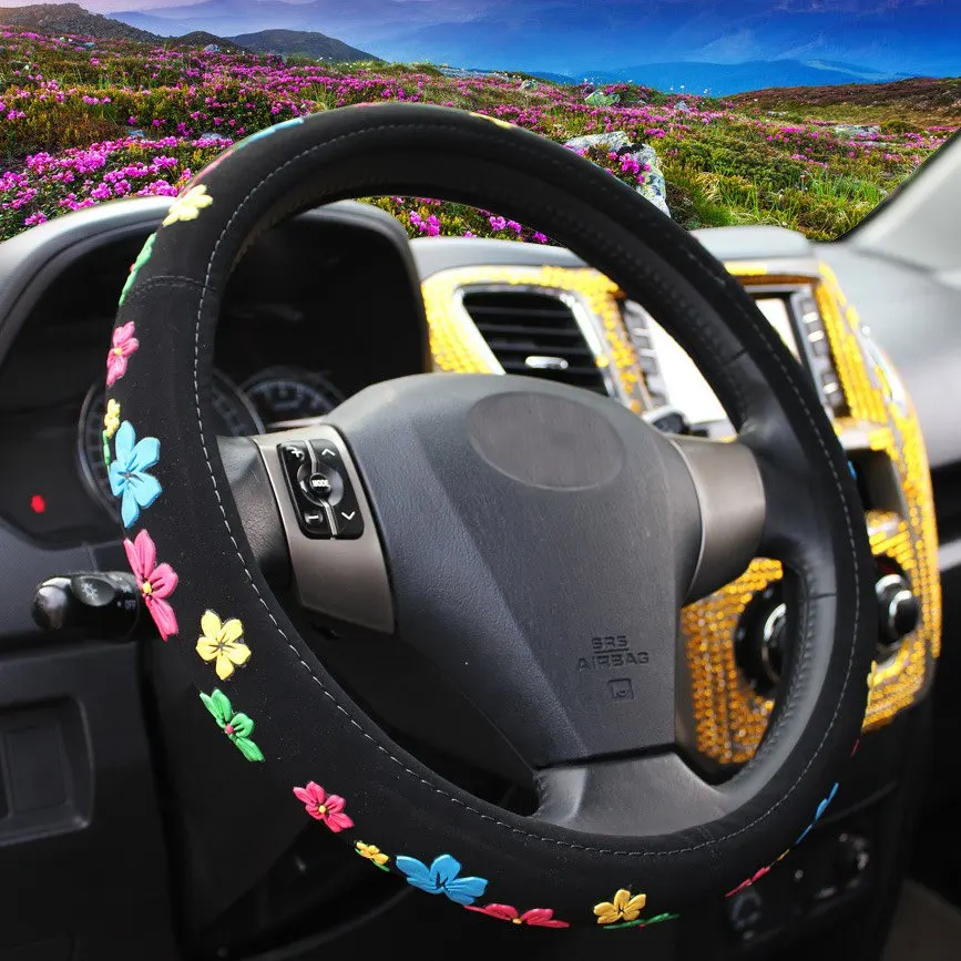 

38cm Car Steering Wheel Cover Sets Steering Wheel Cover Black Cartoon Flowers Comfortable Cloth Universal 4 Season