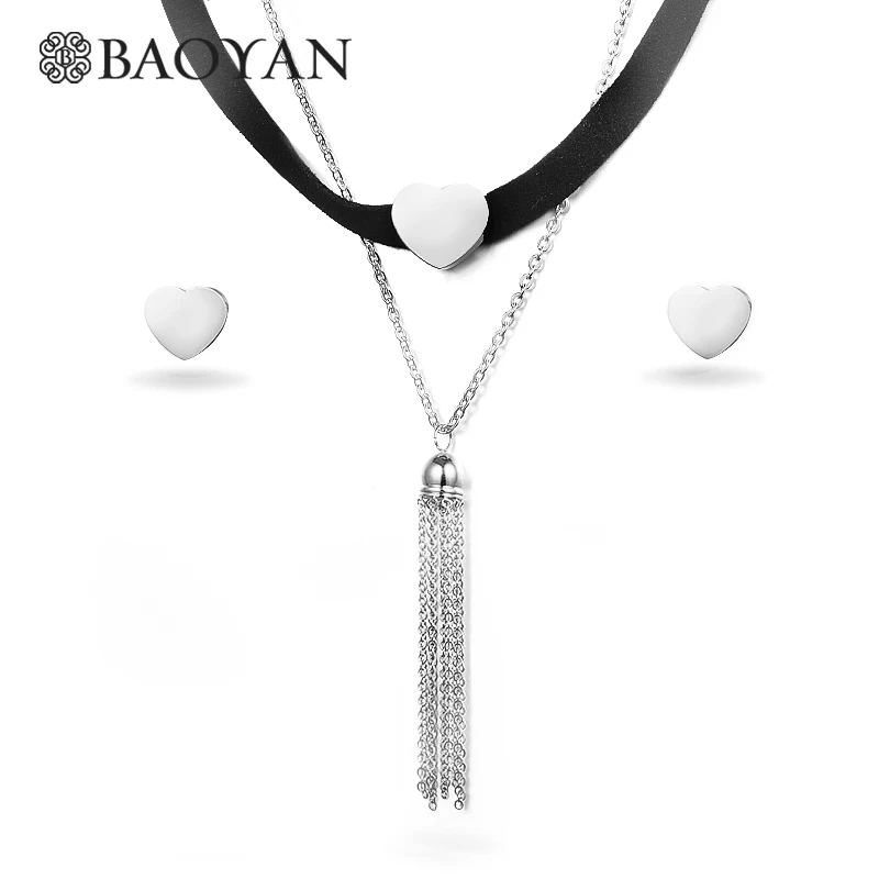 

BAOYAN 316L Stainless Steel Jewelry Gold Silver Color Tow Layered Black Velvet Choker Neckalce Earring Jewelry Sets for Women N1