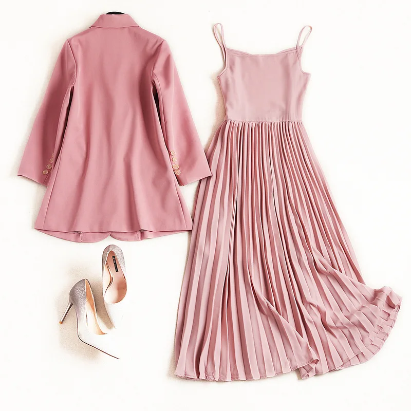 2 Robe Deux Top Ensemble En Printemps Et Rose Plissée Soie Pur 2019 Nouveau De D'office Femmes Pièces Lady Mousseline Fahion Couleur Manteau Crop Costume 5qgagXw