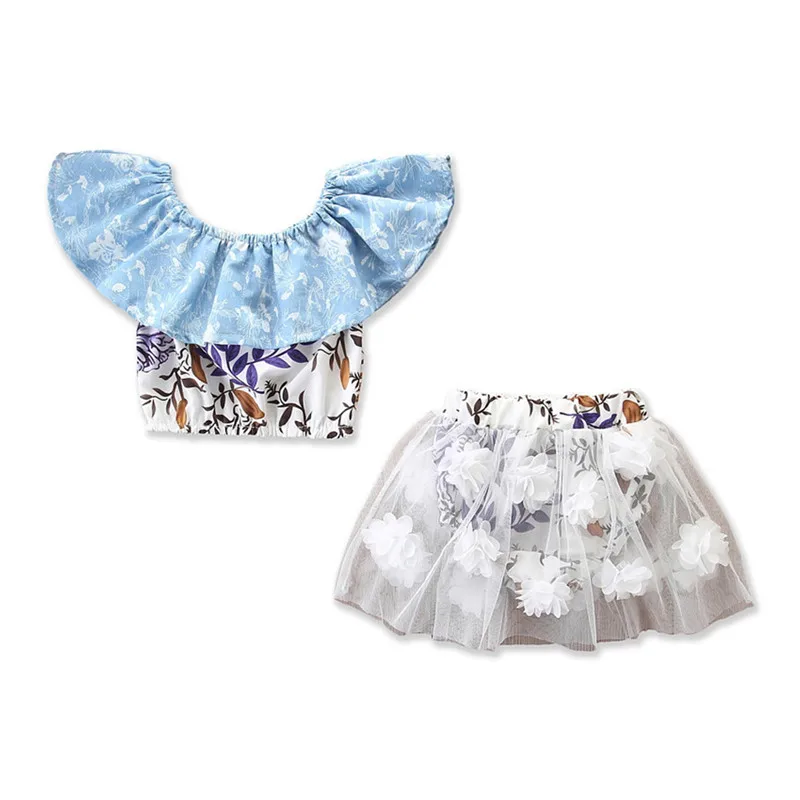 

Boho Summer Newborn Baby Girls Outfits Clothes Floral Slash Neck Crop Tops 3D Flowers Eastic Waist Tulle Tutu Skirts 2Pcs 6M-2Y