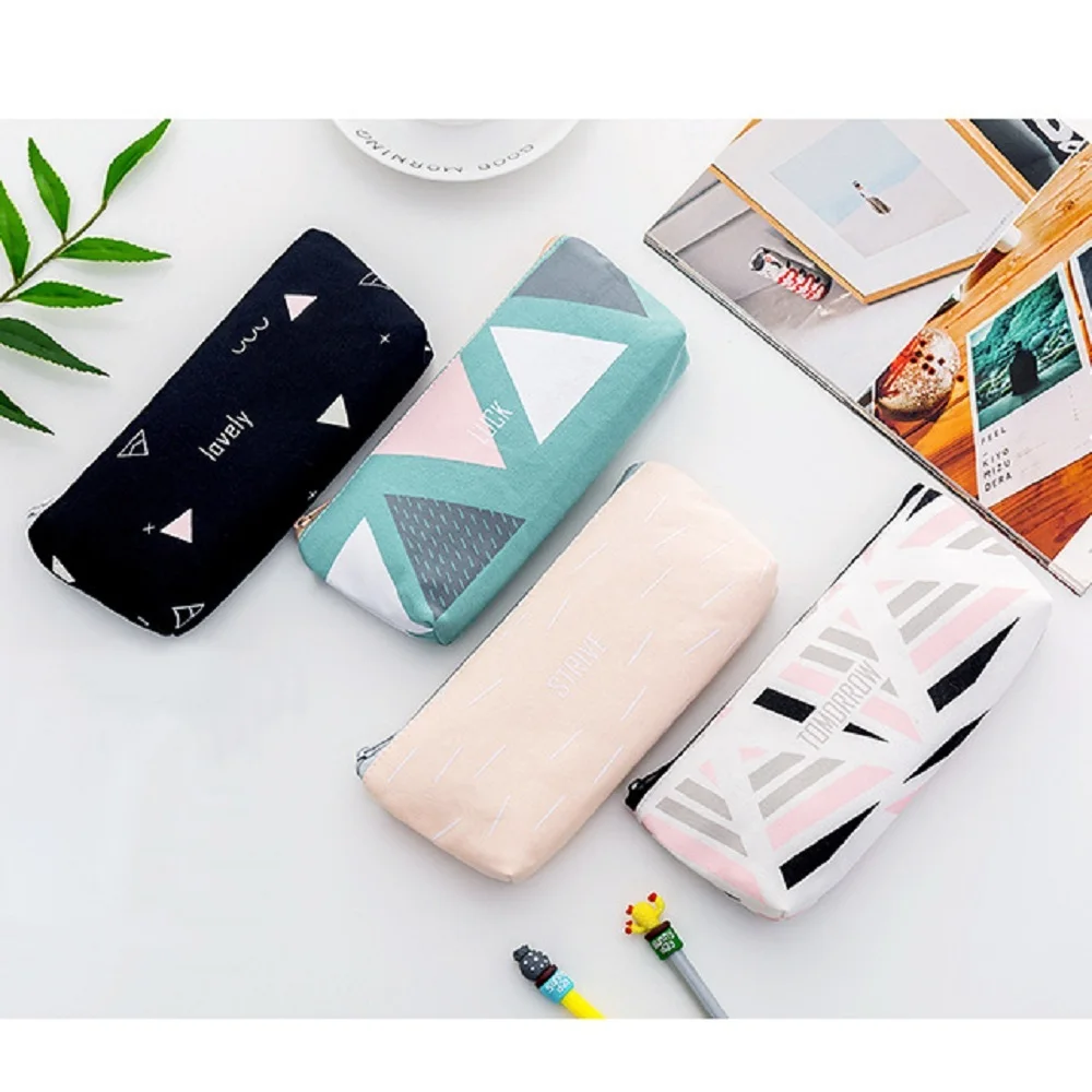 

1PCS Canvas School Pencil Bag Geometry inverted trapezoidal Pen Box Makeup Pouch Stationery Pencil Case School Supplies Hot Sale