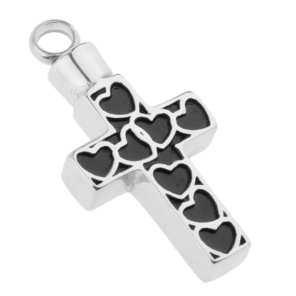 Cross Shape with Heart Pattern Stainless Steel Cremation Keepsake Pet Ash Urn Holder Pendant