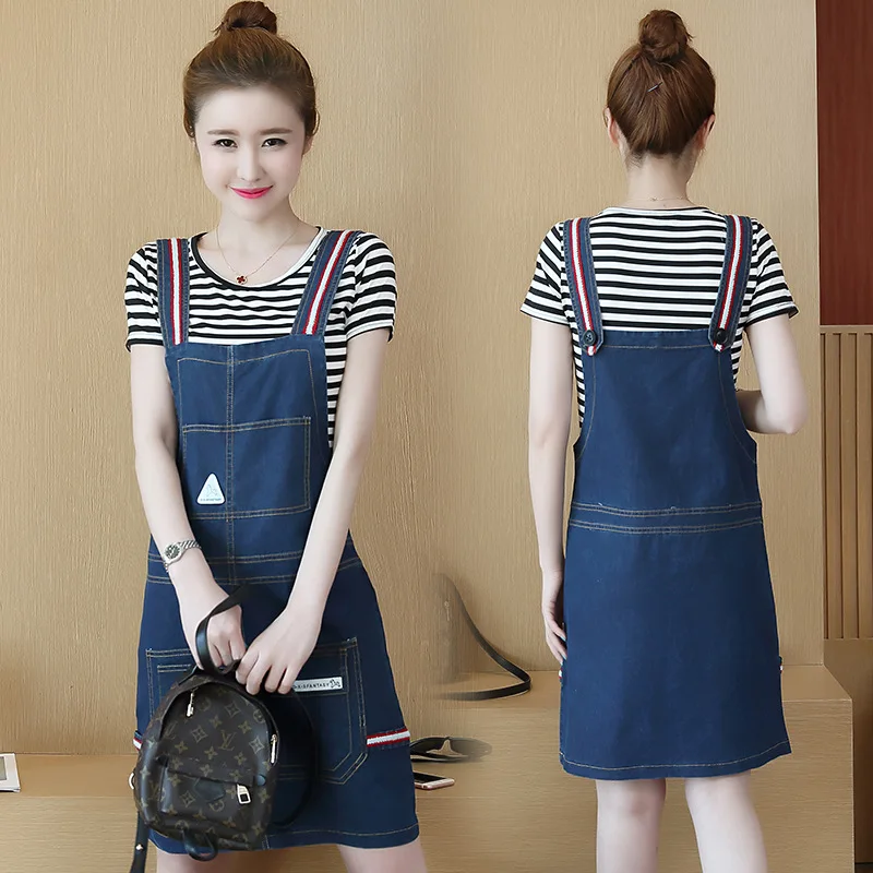 

Korean Women Striped Jean Dresses Ladies Two Pieces Denim Dress Plus Size 5XL Strap Cowboy Mini Dress Female