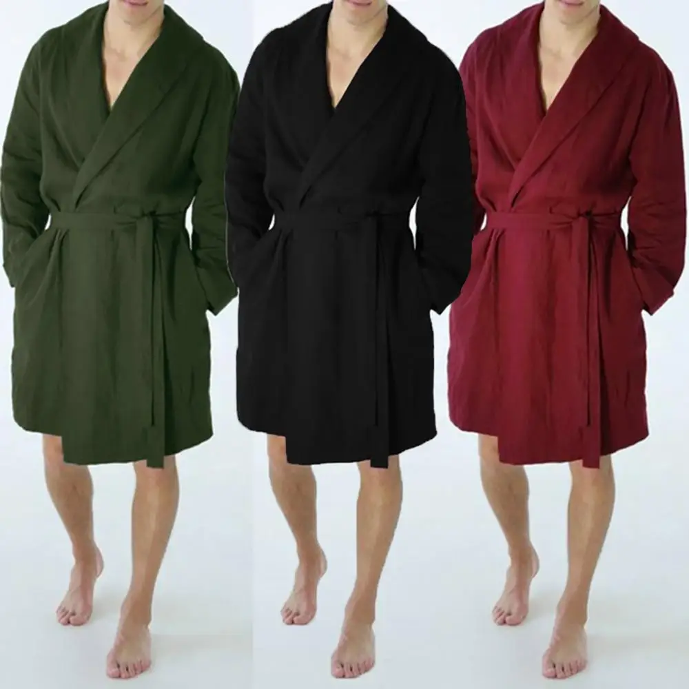 Men's cotton and linen long home robe pajamas Casual Pure Color Cotton Linen Long Bathrobe Home Nightgown Pajamas Robe