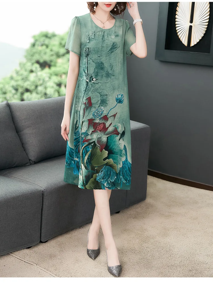Шелковое платье 2019 г. новое летнее платье с короткими рукавами для мамы с инородным принтом большие размеры, L-5XL, высококачественное
