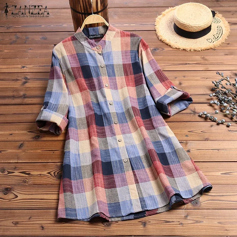 ZANZEA Autumn Vintage Plaid Check Long Shirt Women Long Sleeve Buttons Blouse Tunic Tops Casual Work Blusas Femininas Vestido