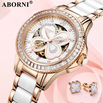 

ABORNI 2019 Diamand Women Mechanical Watch Luxury Brand Steel Clock Rose Gold Skeleton Ladies Ceramic Watch Relogio Feminino