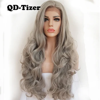 

QD-Tizer Long Gray Hair Body Wave Synthetic Lace Front Wig Soft Hair Glueless Heat Resistant Natural Hairline Hair Wigs