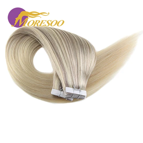 Moresoo Skin Weft Remy лента для наращивания волос Dip Dye Extensions цвет #18 выцветание до #22 и #60 Блондинка лента для наращивания