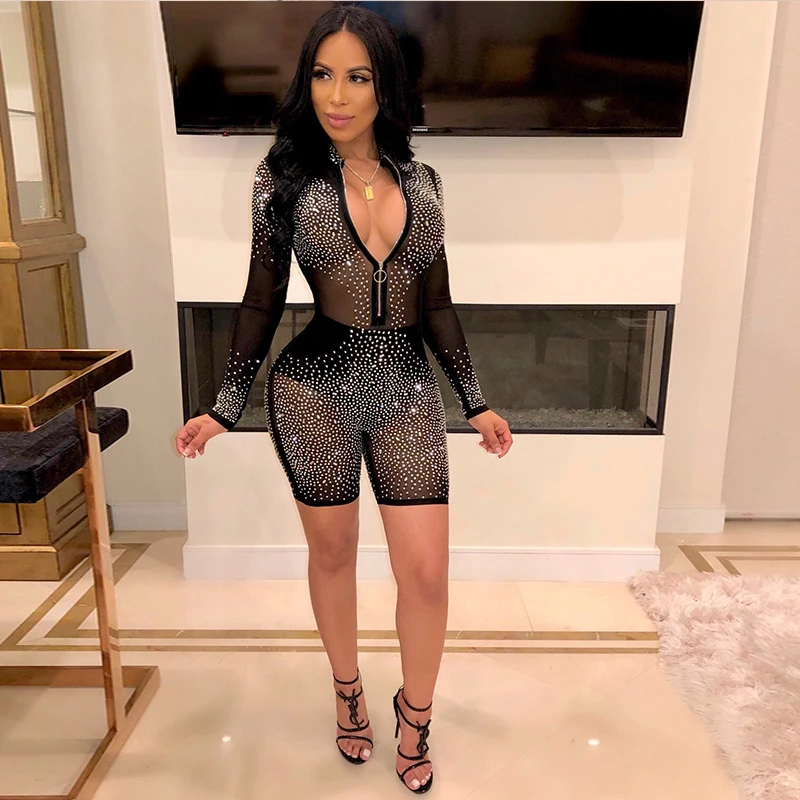 

Solid Color Skinny Strappy Bodysuit Women Luxury Rhinestone Diamond Mesh Sexy Overalls Deep V-neck Long Sleeve Female Playsuits