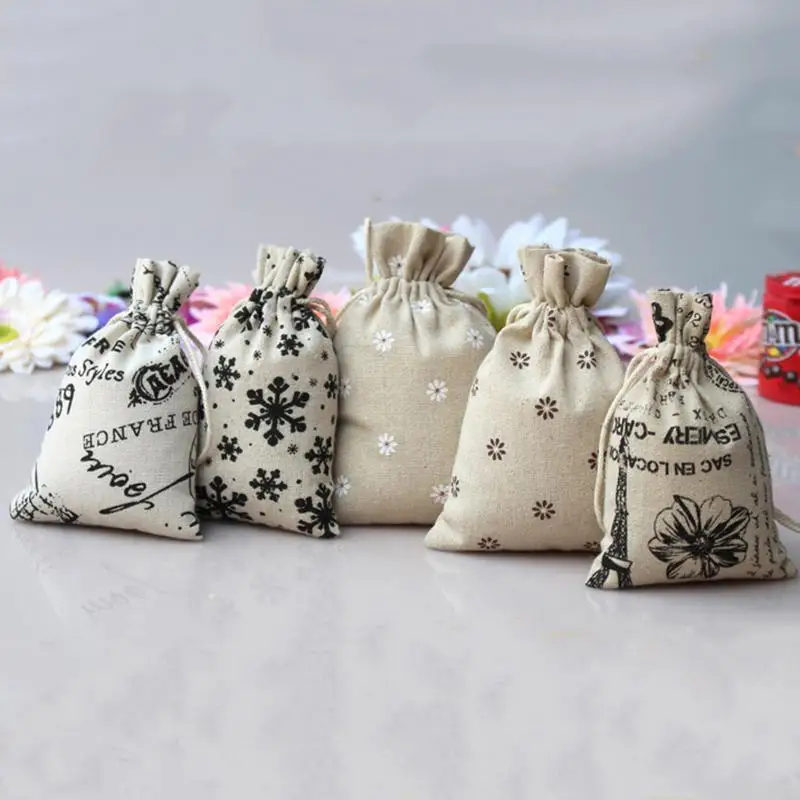 5pcs Wedding Hessian Burlap Jute Favour Gift Bags Drawstring Pouch Candy Bags 