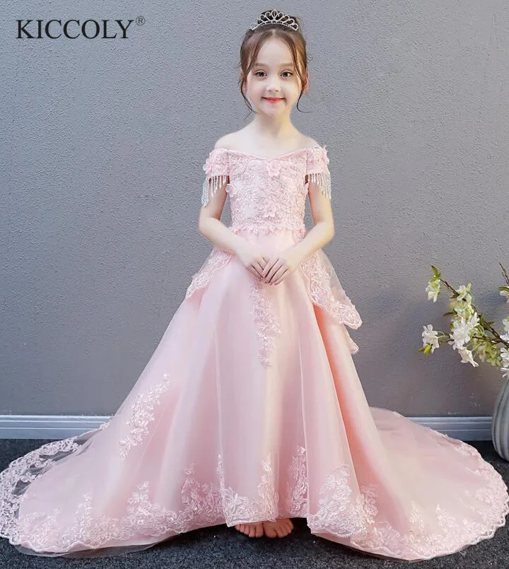 

Sequin Tulle Trailing Girl Dress Flower Girl Dress Party Pageant Pink Lace Princess Wedding Dress Girls First Communion Gown