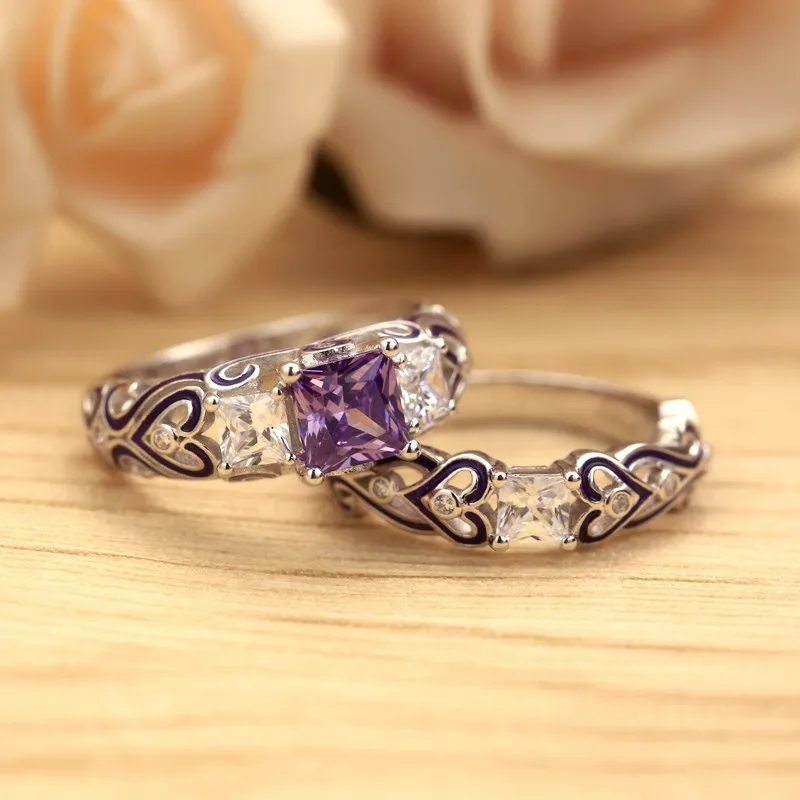 WalerV Luxury Wedding Rings Pair Red Engagement Band Ring Sets For Women Zirkonia Crystal Jewelry Forever Love Green Zircon Ring
