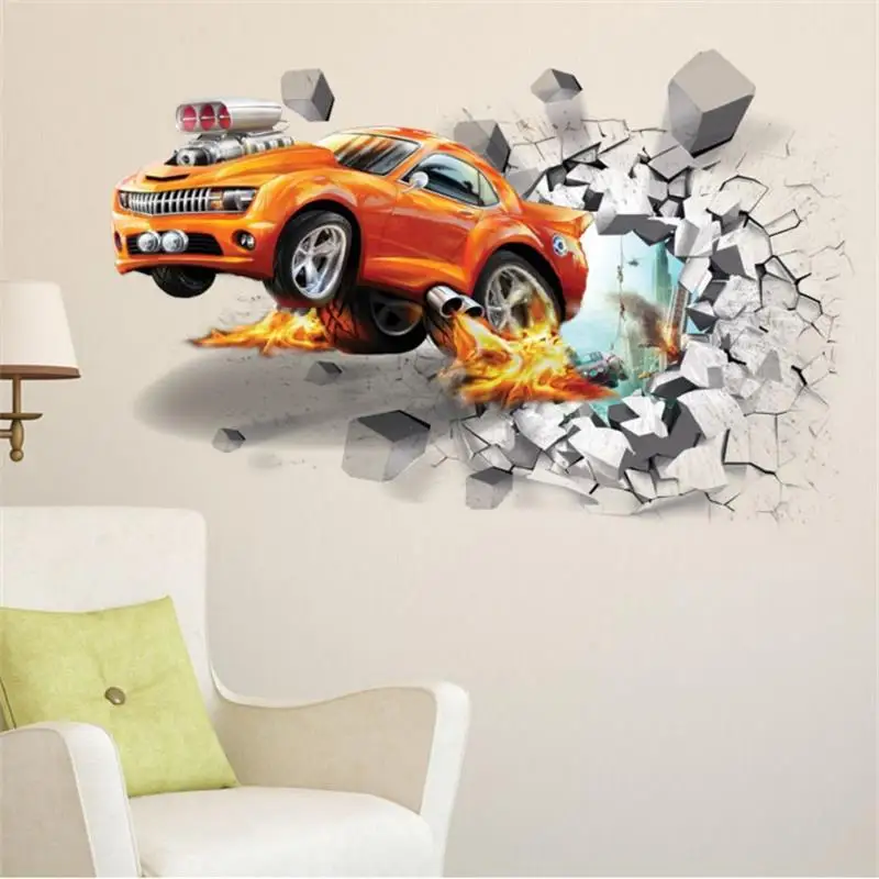 

3D Creative car wall stickers wall break Racing Car Wall paper Vinyl Mural Wall Art Decal for Boy bedroom living room Home Decor