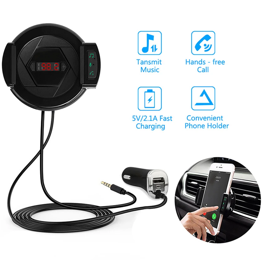 

ENKLOV Car Bluetooth Handsfree Kit Car Charger Mobile Phone Stand 3 in 1 Multi Purpose USB FM Transmitter Car Bluetooth