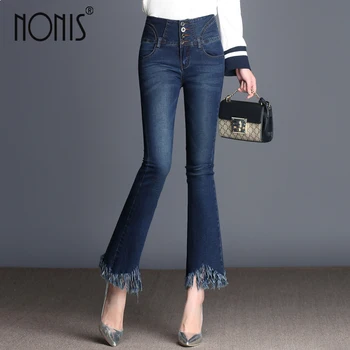 

Nonis Women Tassel Jeans Ankle-length Flared Trousers Slim Denim Pants High Waist Jeans 2017 Autum Female pantalon