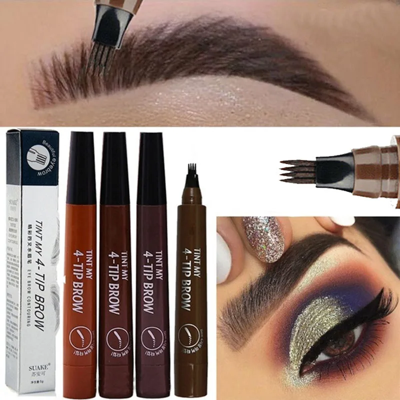 

Long lasting Eyebrow Pencil Waterproof Fork Tip Eyebrow Tattoo Pen 4 Head Fine Sketch Liquid Eyebrow Enhancer Dye Tint Pen