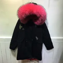 Snack Beading Peach Pink real raccoon fur collar parka women winter coat faux fur inside hooded long jacket