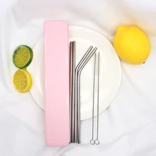 

4Pcs 304 Stainless Steel Straw + 2Pcs Cleaner Brush +1Pc Portable Box Silver Drinking Straws Reusable Metal Straws 6*215MM