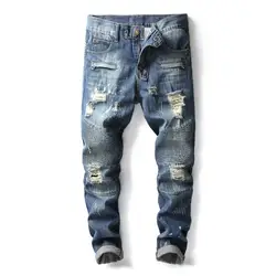 2019 Новые популярные мужские мотоциклетные модели джинсы синие дырки панк стиль ночной клуб тренд джинсовые брюки больше размеров 28-38 40 42
